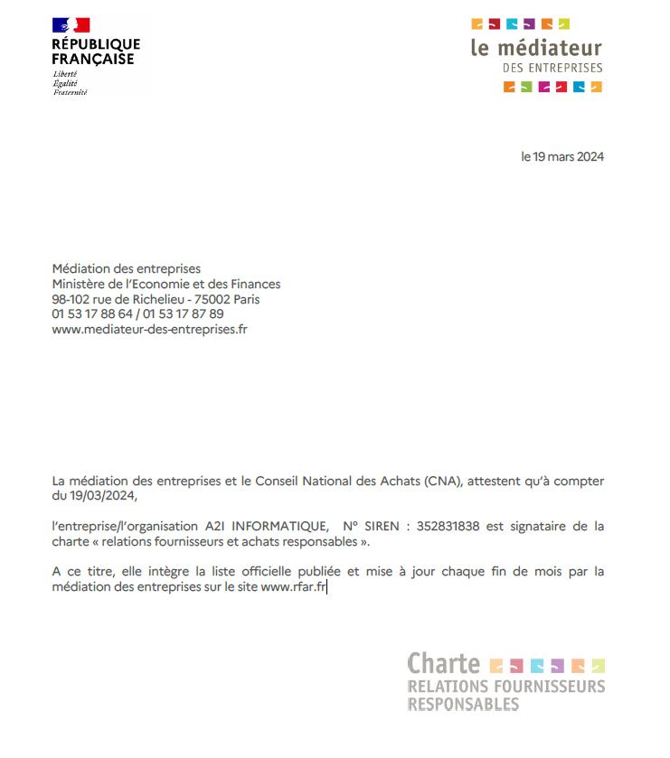 Signataire de la charte « relations fournisseurs et achats responsables »