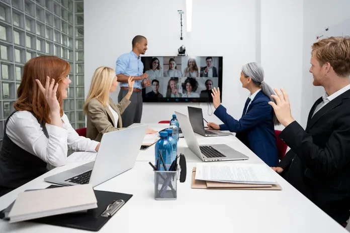 Réunion en visioconférence dans une salle équipée